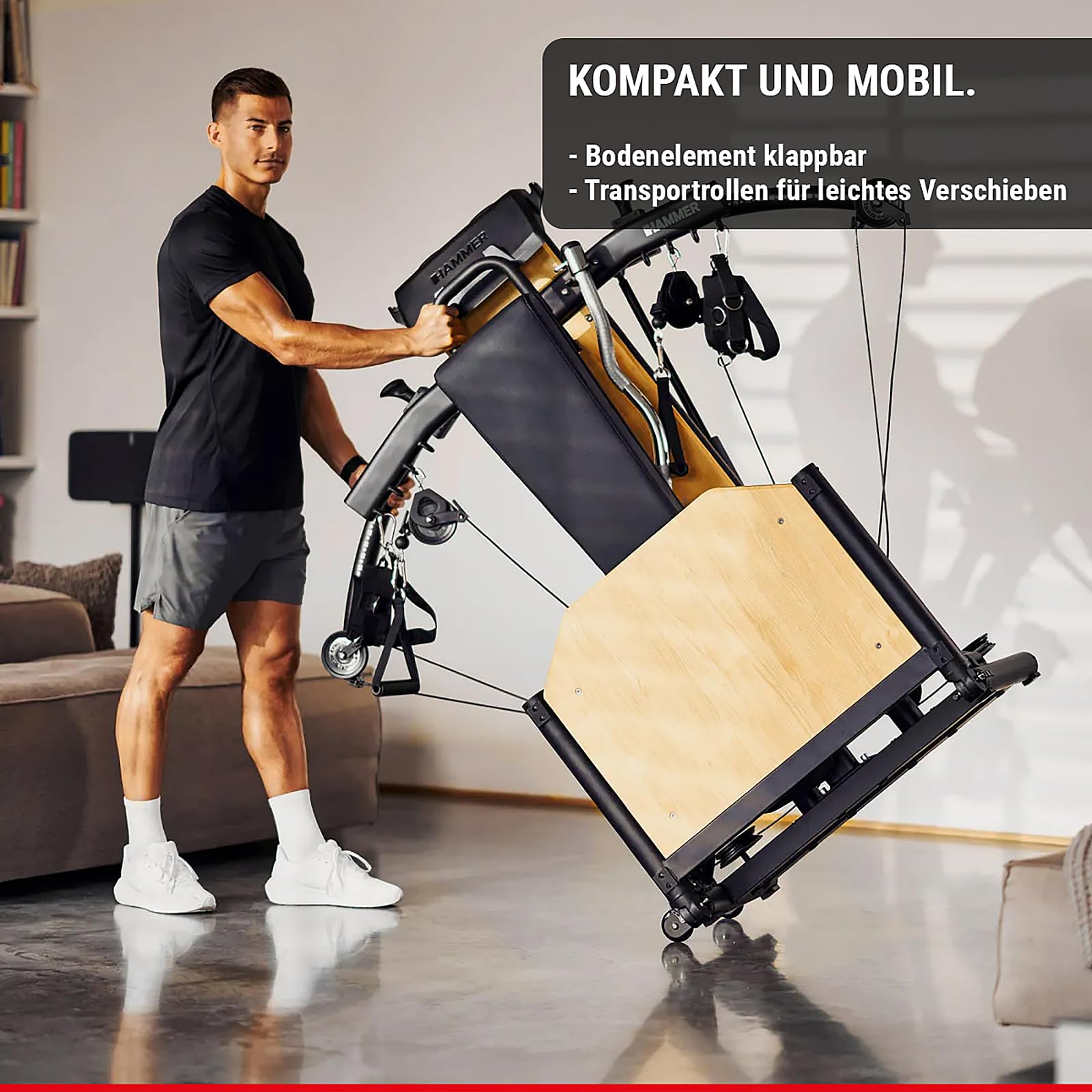 HAMMER Kraftstation BioForce MX NorsK - Fitnessstation für Zuhause, Bauchtrainer, Latzug, TNT-Widerstandstechnologie, Fitness Tower mit 125 kg Zuggewicht, über 80 Übungen, Platzsparend