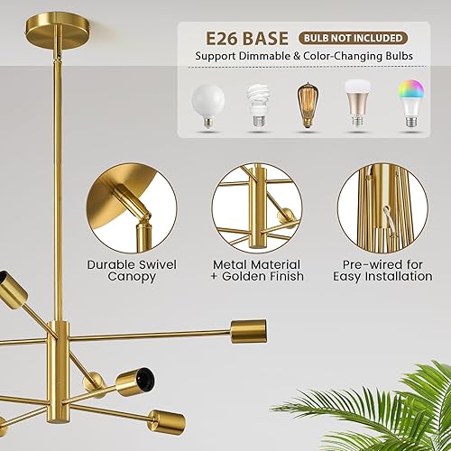 Miniatura 5 de KAISITE Lámpara moderna Sputnik de techo con 8 luces, lámpara dorada para comedor, altura ajustable, mediados de siglo, lámpara colgante de techo