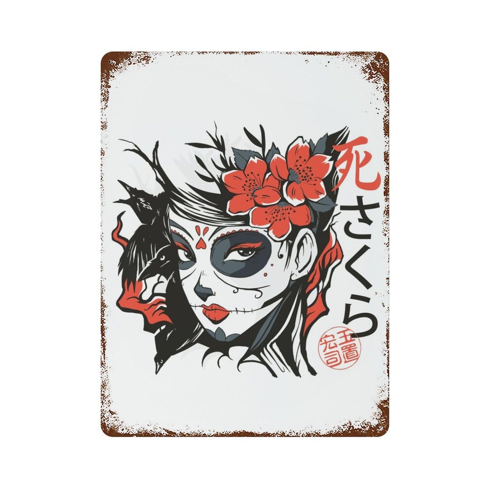 Sugar Skull Girl Asian Vintage Wall Sign 15.7"x11.8", Rust Effect Metal Decor for Farmhouse, Kitchen And Entryway Decor