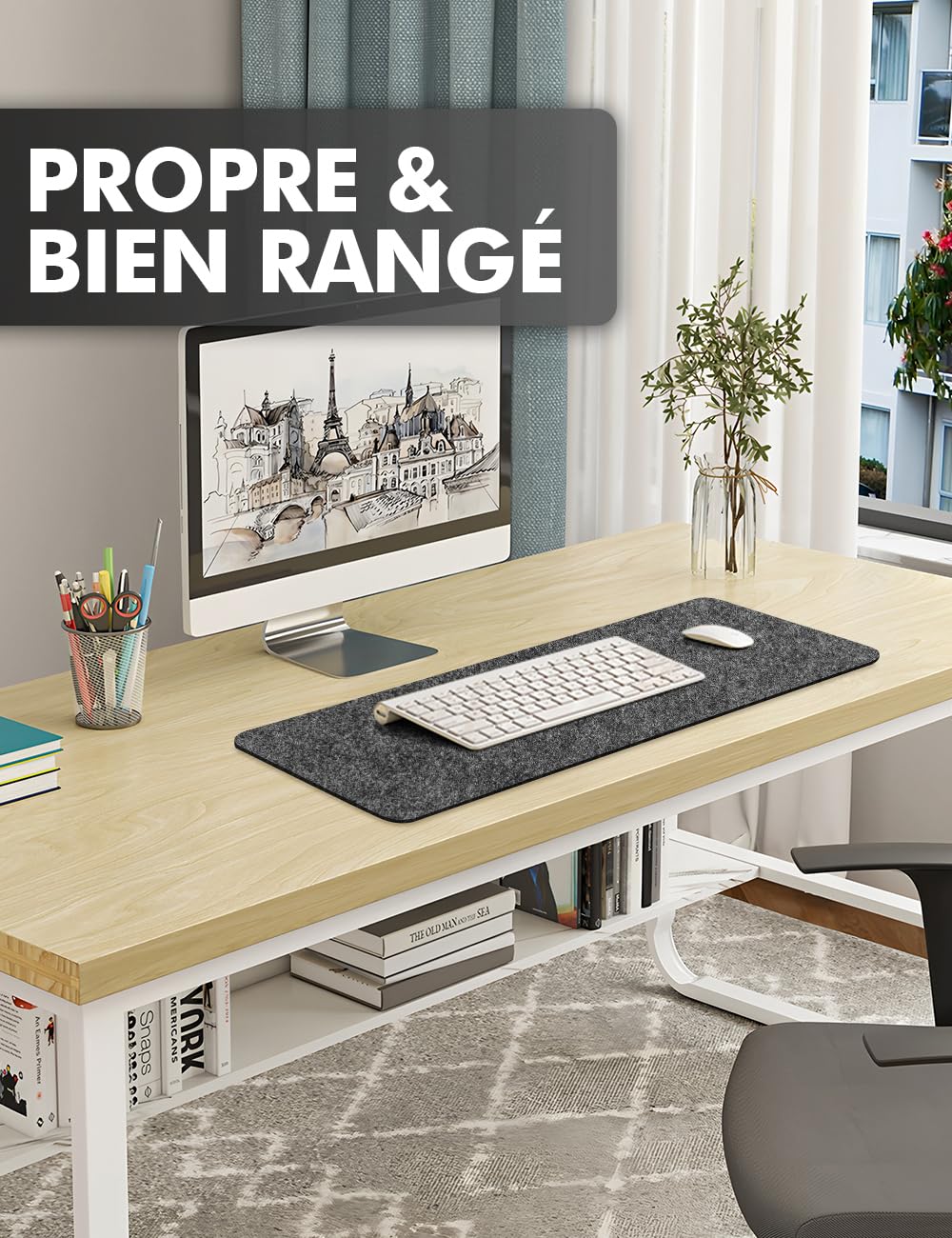 shinfly Tappetino Scrivania Feltro, Sottomano Scrivania 100 x 40 cm, Tappeto Mouse Scrivania Grande Antiscivolo, Desk Mat per Computer Tastiera Laptop Gaming Ufficio, Grigio Scuro
