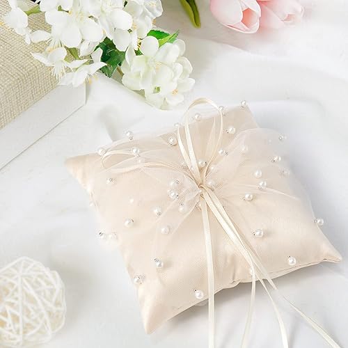 Miniatura 4 de Almohada de anillo rosa con encaje para portador de anillos de 5.9 x 5.9 pulgadas, hecha a mano con diamantes de imitación de flores, almohada para