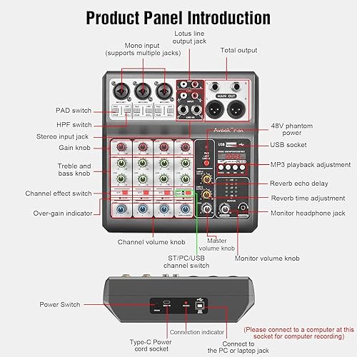 Miniatura 7 de Aveek Mezclador de audio de 5 canales, consola de mezcla de tablero de sonido con efecto de retardo de reverberación Bluetooth USB, entrada de 48 V