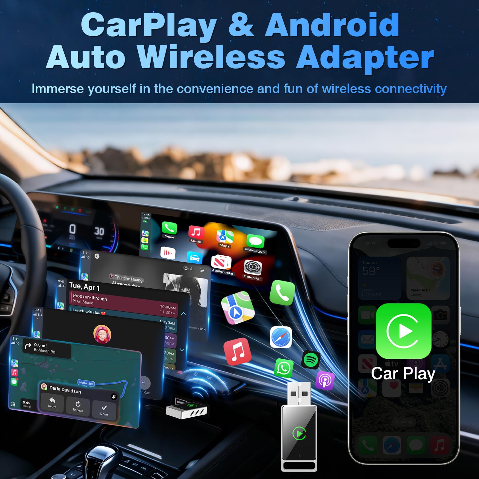 Wireless Carplay Adapter, 2 in 1 Android Auto&Carplay Wireless Adapter, Upgrade von Wired CarPlay auf Wireless, Plug und Play, kompatibel mit iPhone iOS 10+ & Android11+ und Autos mit Wired CarPlay