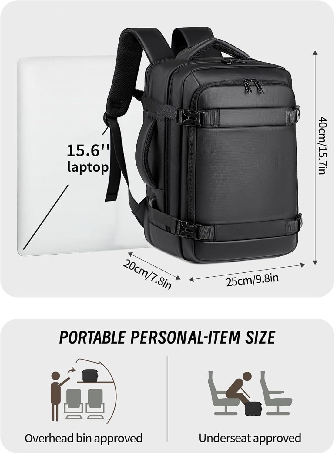 Travel Backpack with USB Port, Water-Resistant, Fits 15.6" Laptop, Airplane Carry-On Backpack for Unisex - Image 3
