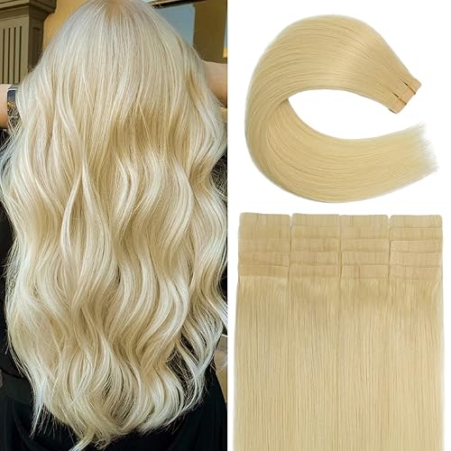 Purfasion - Extensiones de cabello humano Remy con cinta adhesiva, color rubio platino, piel invisible, trama invisible, 1.41 onzas, 20 unidades