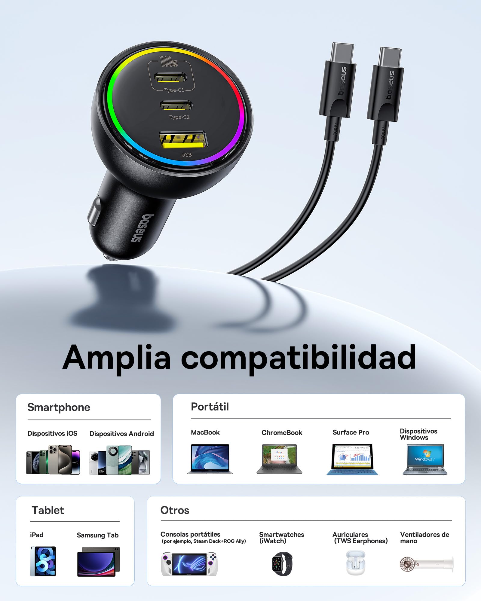 Baseus 152.5W Cargador Coche Carga Rapida 3 Puertos, RGB Cargador Mechero Coche y Cable USB C 100W, Adaptador Mechero Coche para MacBook Pro/Air, iPhone 16/15/14/13, Samsung S24/S23, iPad, AirPods etc