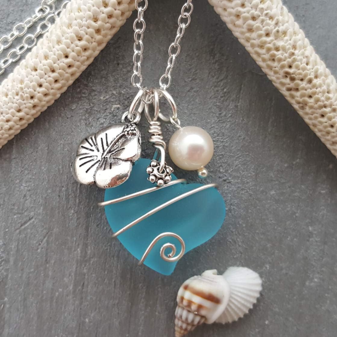 Handmade Sea Glass Necklace, Wire Heart Necklace, Charm and Pearl Necklace, Sea Glass Jewelry Birthday Gift For Women
