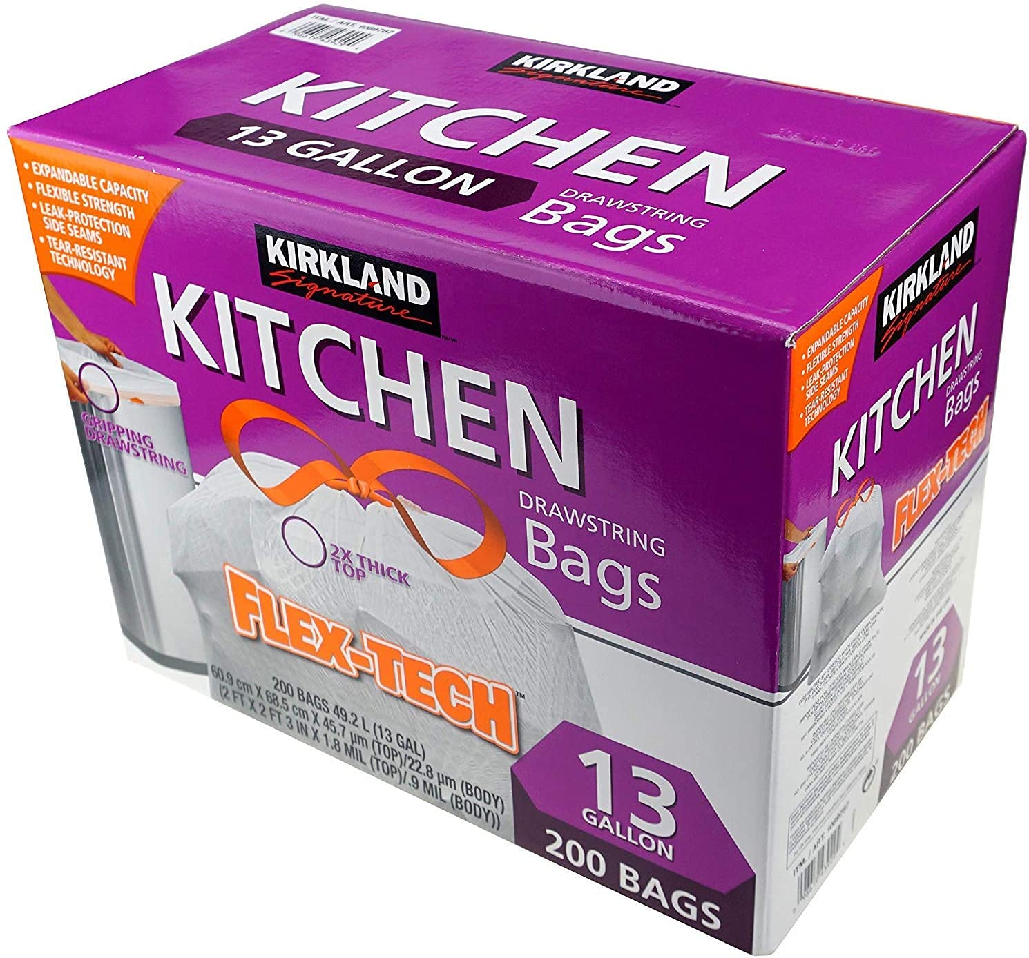 Kirkland Signature Drawstring Kitchen Trash Bags - 13 Gallon, 200 Count (PacK of 3)