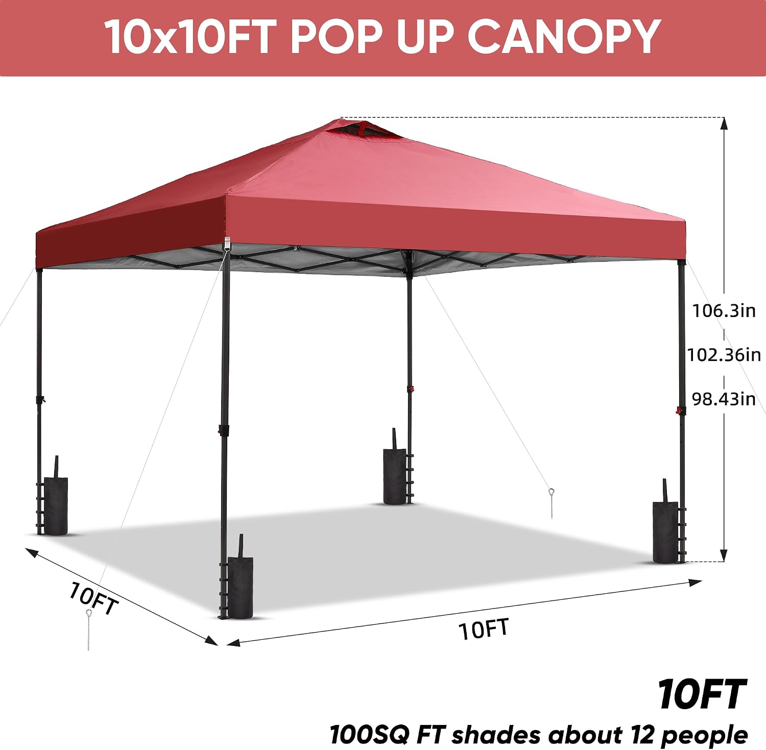 10x10 Pop Up Canopy Tent, Portable Outdoor Canopy with One Push Central Lock & Carry Handbag, Included 4 Sandbaogs,8 Stakes and 4 Ropes, for Garden, Backyard, Outdoor Activities,Red