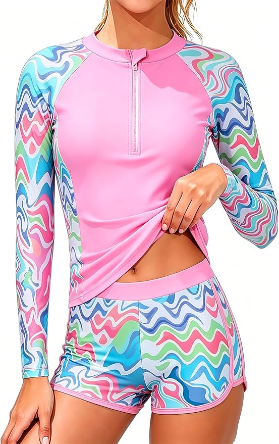 Dolxico Girls Rash Guard Swimsuits Long Sleeve Swimsuit 2 Piece Bathing Suits UPF 50+ Zip Swimwear Boyshorts for 6-16 Years