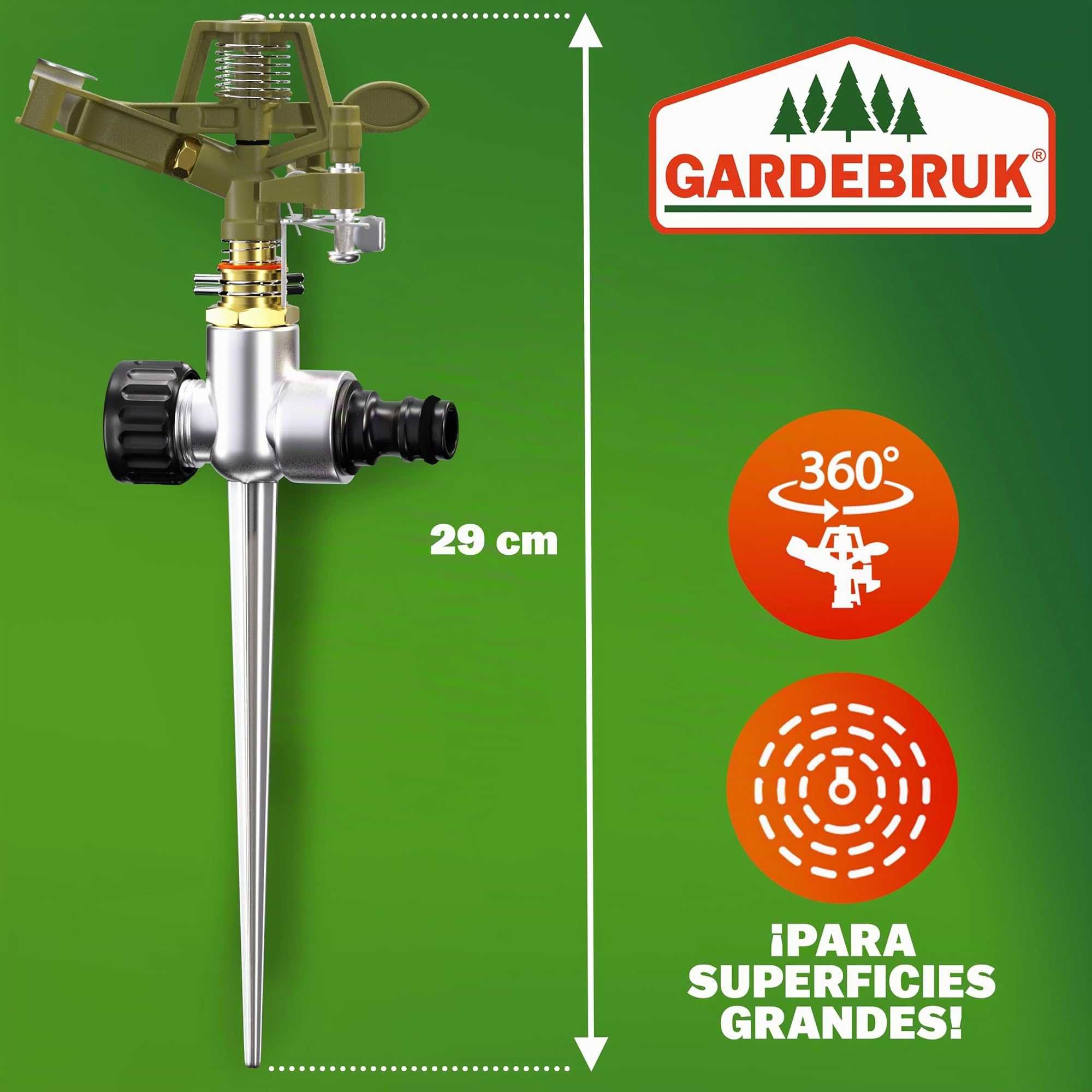 DEUBA Set de 2 Aspersores de riego césped con Espiga de Tierra Alcance de riego de 26m Giratorio 360° rociador Circular huertos