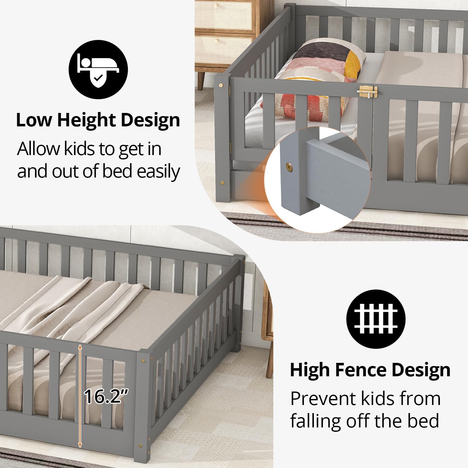 LLS Twin Floor Bed for Kids Solid Wood Montessori Bed Frame with Door & Safety Guardrails Multifunctional Montessori Floor Bed for Toddlers, Slats Support, Easy Assemble, Gray