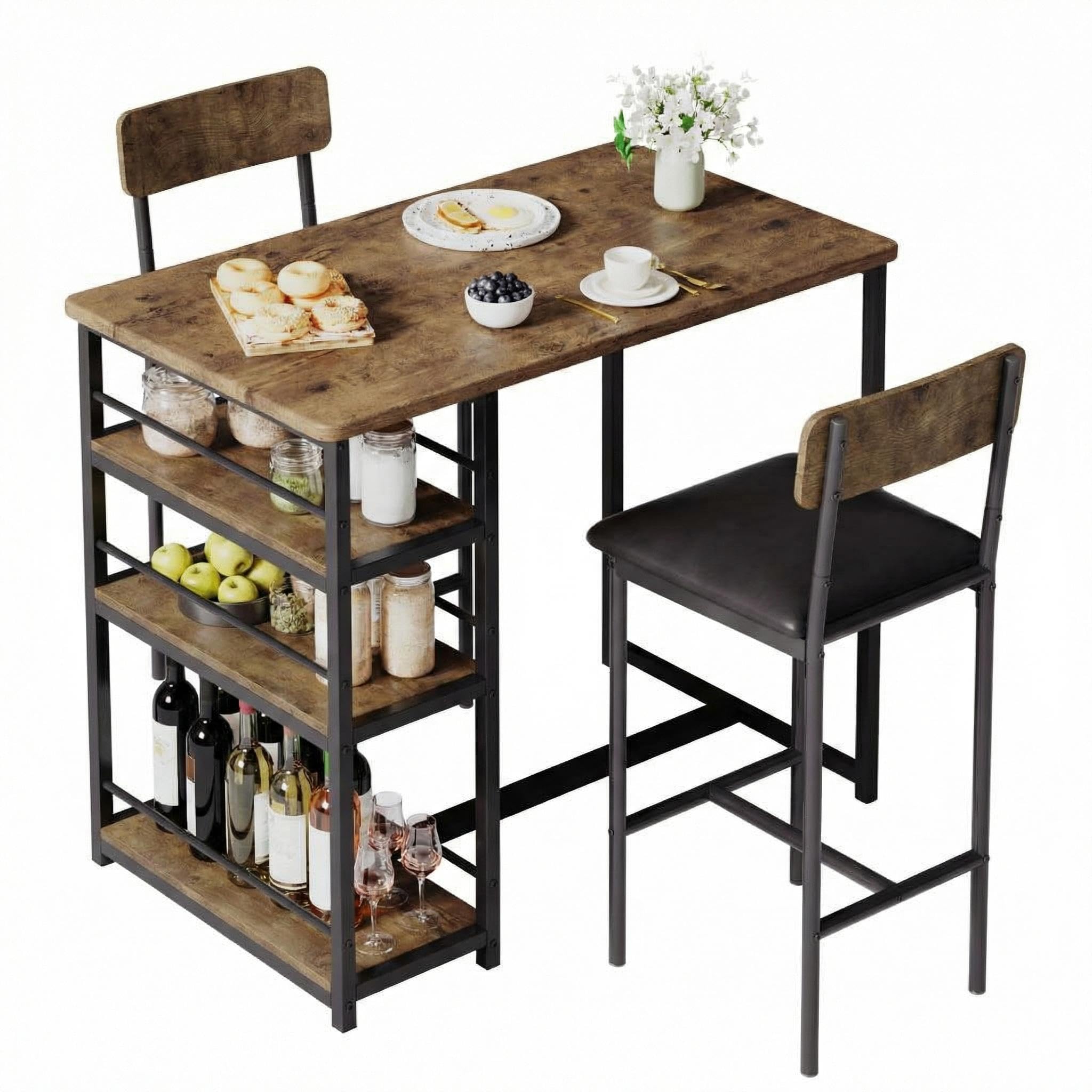 Juego de barra de desayuno compacta de 3 piezas para espacios pequeños, incluye mesa de almacenamiento y 2 taburetes de piel sintética con respaldo alto, acabado negro para cocinas modernas