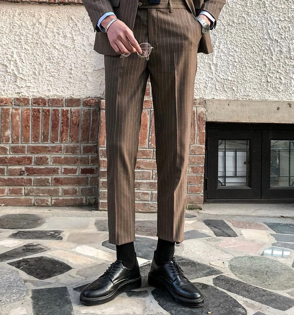 HZUOU Peak Lapel Striped Mens Suits Regular Fit Single Breasted Wedding Tuxedos for Men Groom 3 Piece Blazer Pants Set UOU31