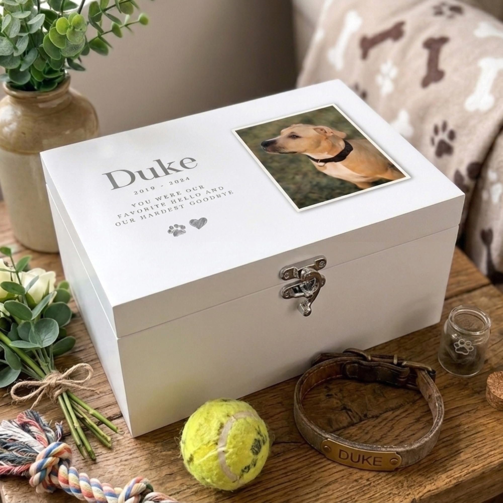 Caja de recuerdo de madera blanca personalizada para fotos de mascotas, regalo de condolencias por la pérdida de mascotas, 27 x 19 x 14 cm