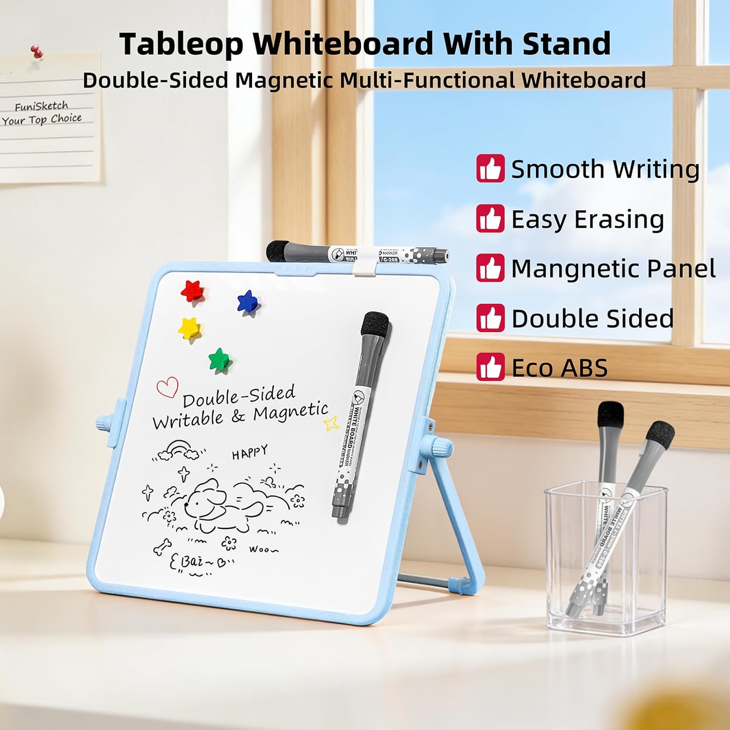 Colorful Dry Erase White Board 9.7x9.7in, Magnetic Desktop Board with Stand, 2 Markers (Eraser Head), 4 Magnets - Double-Sided Easel for Daily Planning, Memo, Office/Home/School (Blue)