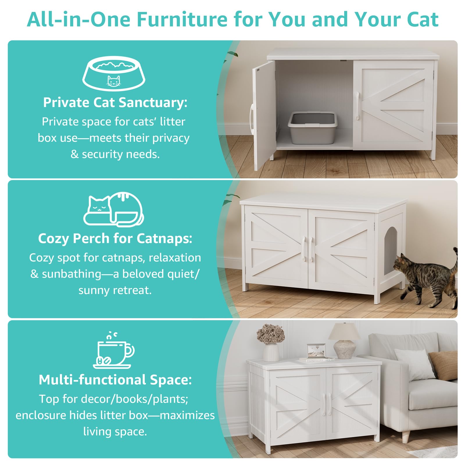 Cat Litter Box Enclosure Furniture - Wooden Hidden Cat Washroom Furniture with Barn Door, Wood Pet House Litterbox, White Extra Large XL Enclosed Litter Hiding Enclosures - image 2