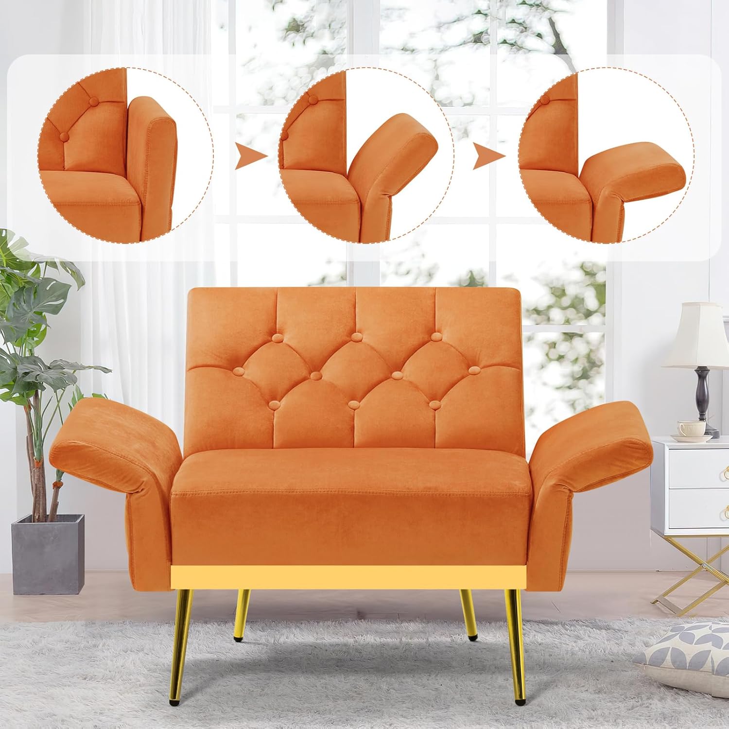 2 Pieces Velvet Sofa Set w/Adjustable Armrests and Backrests, Tufted Accent Chair w/Ottoman, Convertible Futon Sofa Bed for Bedroom, Living Room, Apartment, Orange