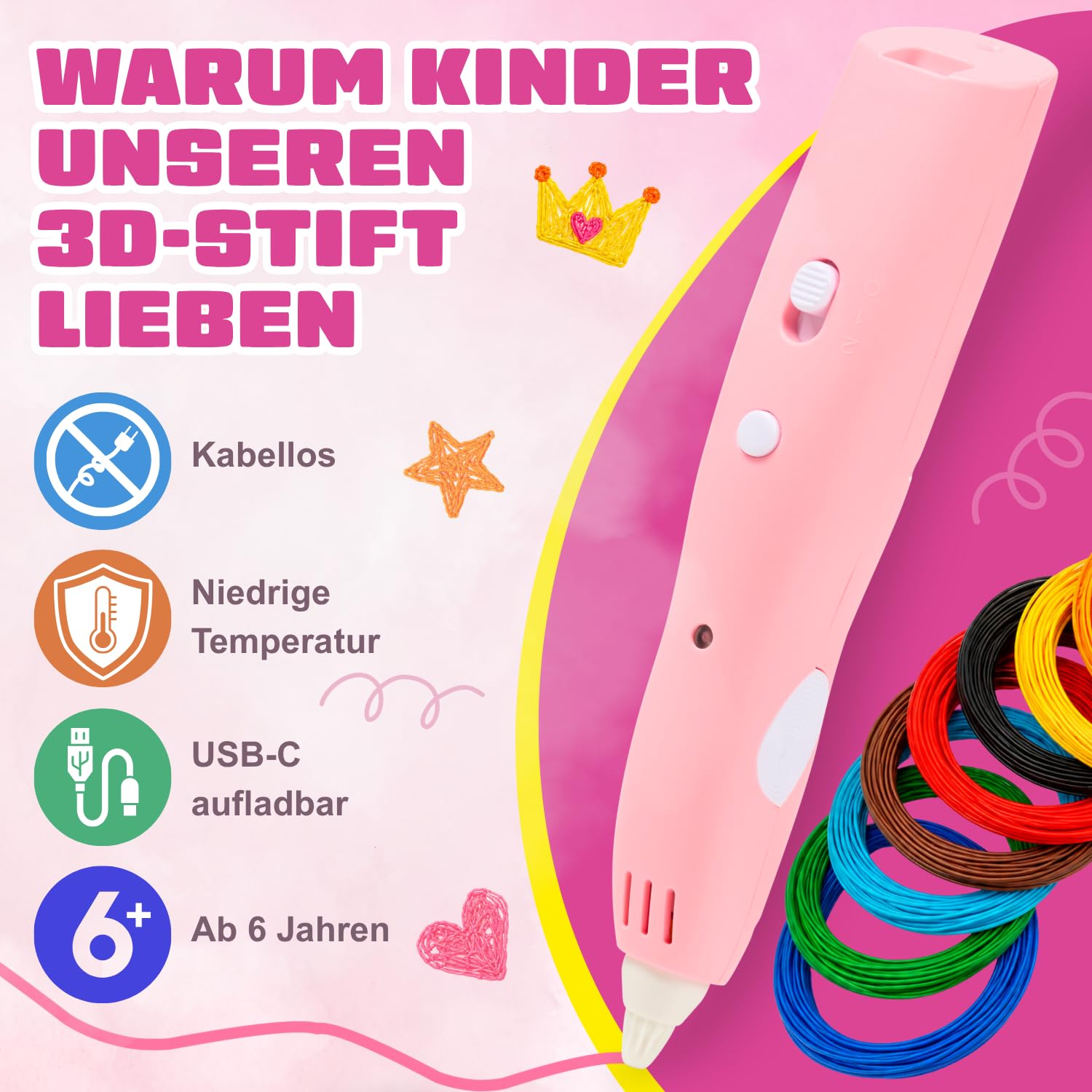 3D Stifte für Kinder ab 6 Jahre – Drahtloser 3D Stift mit 60m PCL Filament, USB-C, Niedrige Temperatur, Vorlagen & XL Koffer – 3D Pen Starterset für Mädchen und Jungen (Rosa)