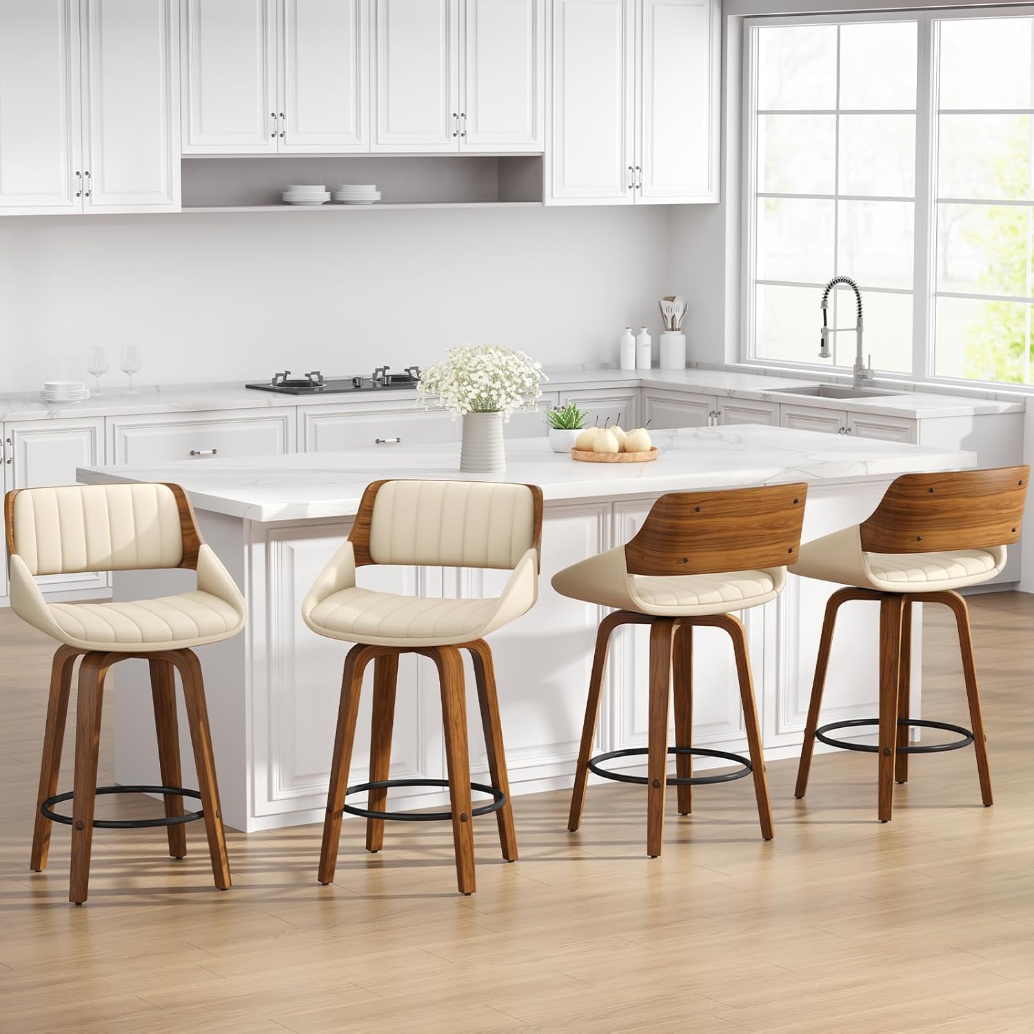 Bar Stools Set of 3, 26" Swivel Counter Height Barstools with Walnut Bentwood Back and Legs, Mid-Century Modern Faux Leather Upholstered Cream Bar Chairs for Kitchen Island, Café, Dining Room, Beige