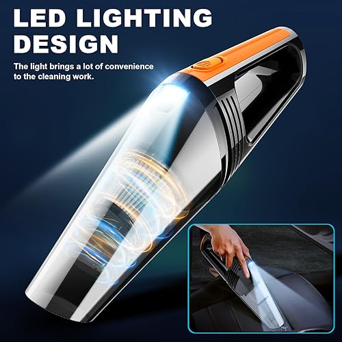 Miniatura 4 de Aspiradora portátil de coche de alta potencia 8000 Pa, pequeña aspiradora de mano de 12 V con luz LED, cable de 16.4 pies, kit de limpieza profunda
