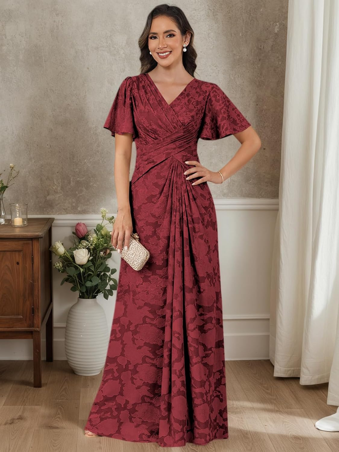 Lace Mother of The Bride Dresses for Women Modest V-Neck Ruched Formal Wedding Guest Dress with Sleeves - Image 4