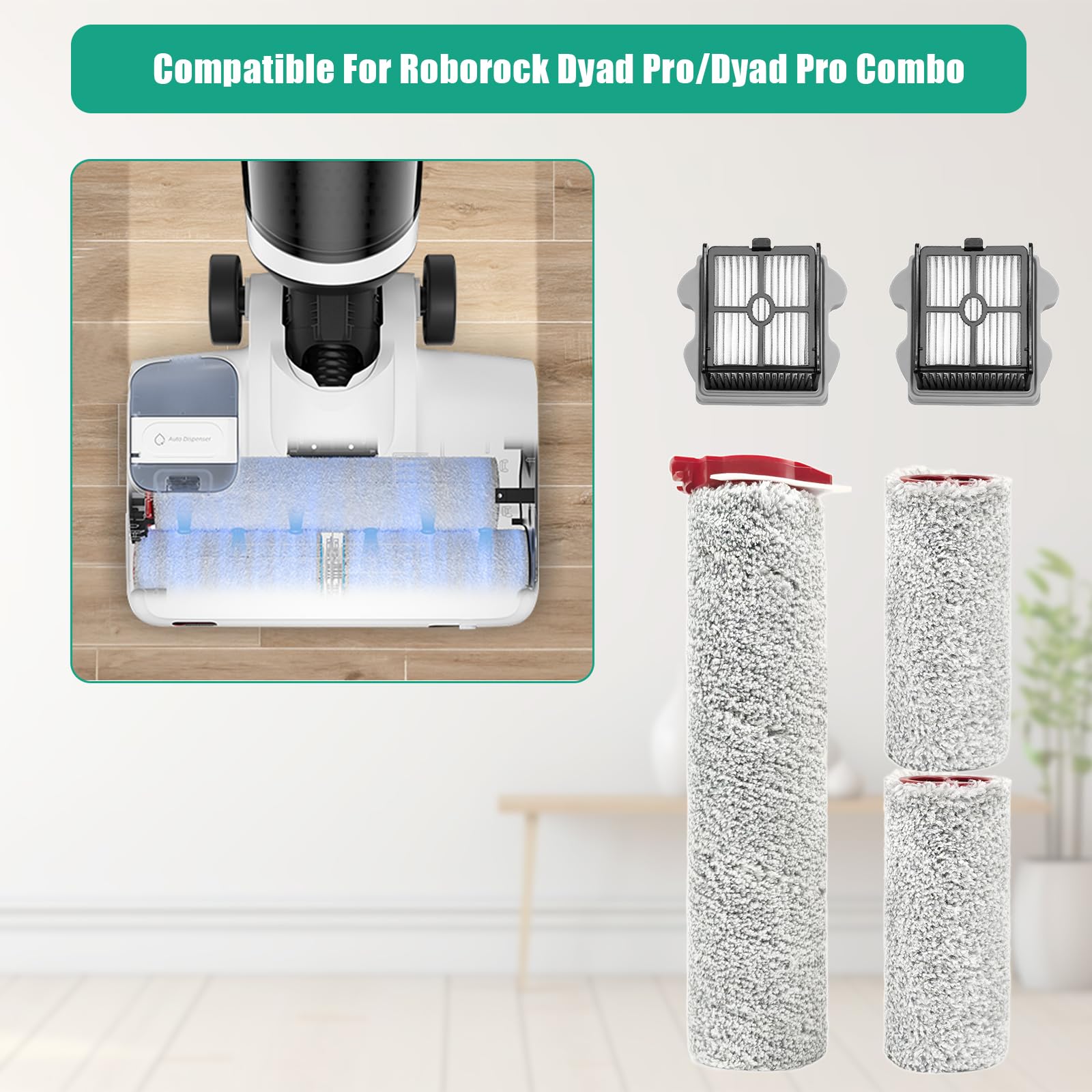 Heykewi Spazzole a Rullo e Filtro HEPA Ricambi per Accessori per Roborock Dyad Pro/Dyad Pro Combo Aspirapolvere Senza Fili, 3 Spazzole a Rullo, 3 Filtro HEPA, 1 Spazzola per la Pulizia