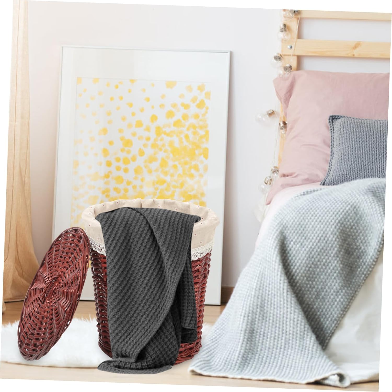 Large-capacity Woven Storage Basket with Lid Multipurpose Laundry Hamper for Clothes Blankets Portable Odor-resistant Sundries Holder with Comfortable Texture for Home Organization