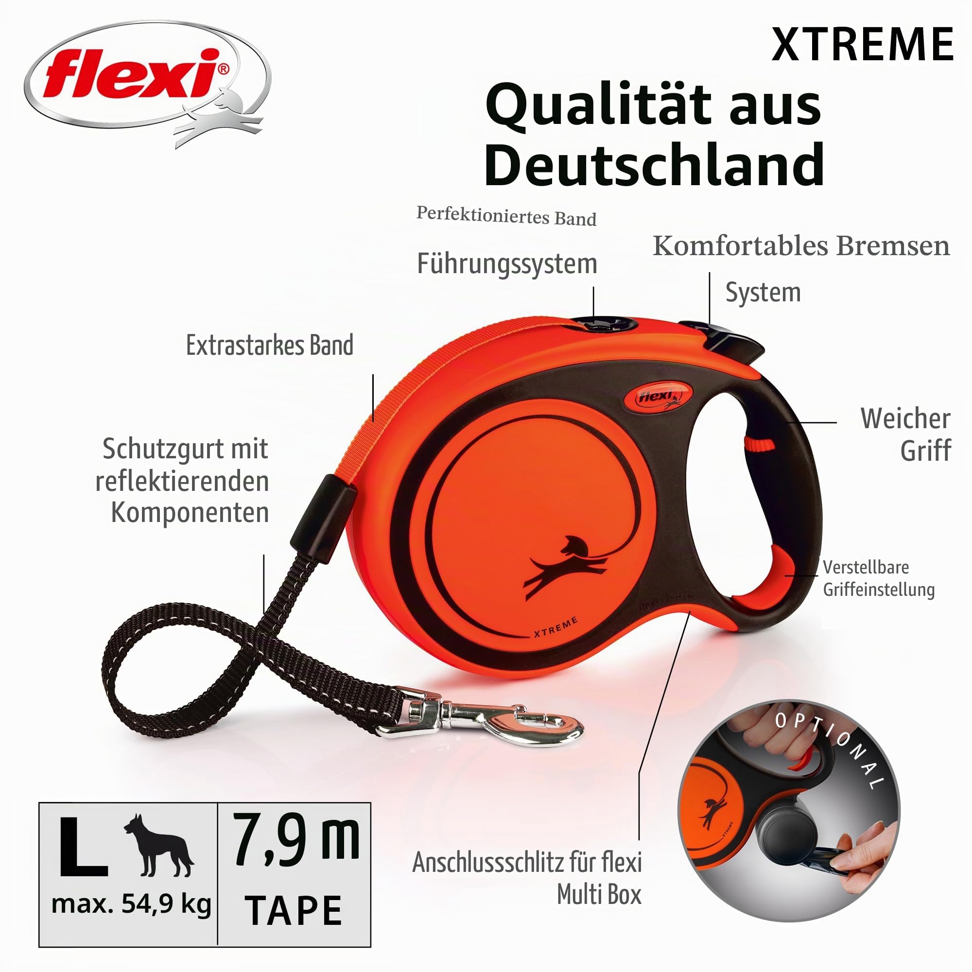 Flexi Xtreme L - Extra robuste einziehbare Leine mit 7,9 m extra starkem Band | Schutzgürtel mit reflektierenden Komponenten | Griffverstellung | Orange/Schwarz