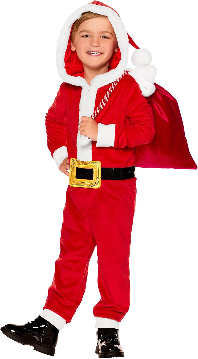 Spirit Halloween Toddler Santa Claus Hooded Jumpsuit Costume | Features an Attached Hood | Zipper Closure