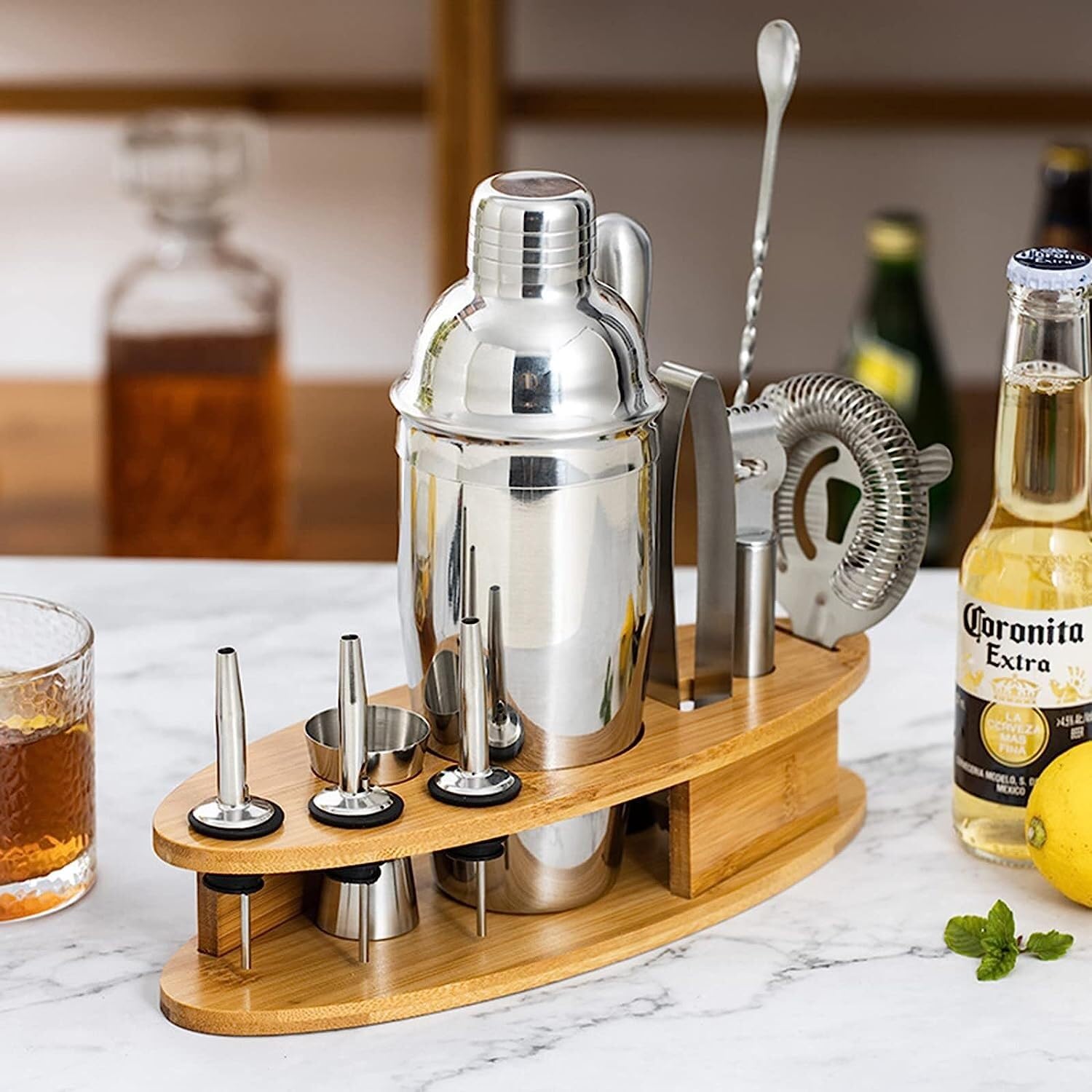 Ensemble de Cocktail Shaker à Cocktail Shaker Kit Kit De Mélange De Cocktail en Acier Inoxydable 11 Pièces avec Kit De Barman De Présentoir en Bambou Shaker Cocktail Kit Shaker Cocktail Set(750ml)
