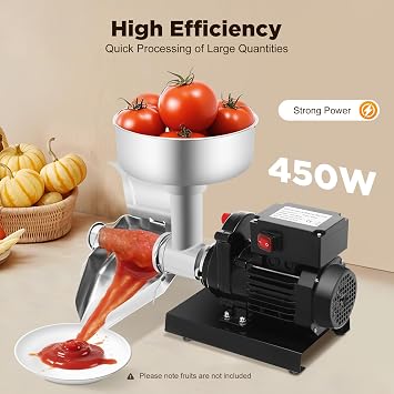 Electric Tomato Sauce Maker, 450W Tomato Press Strainer Stainless Steel Tomato Juicer for Canning Tomato Mill with Pestle & Adjustable Trough 49.5 x 25 x 34.5 Cm/19.49 x 9.84 x 13.58 Inch