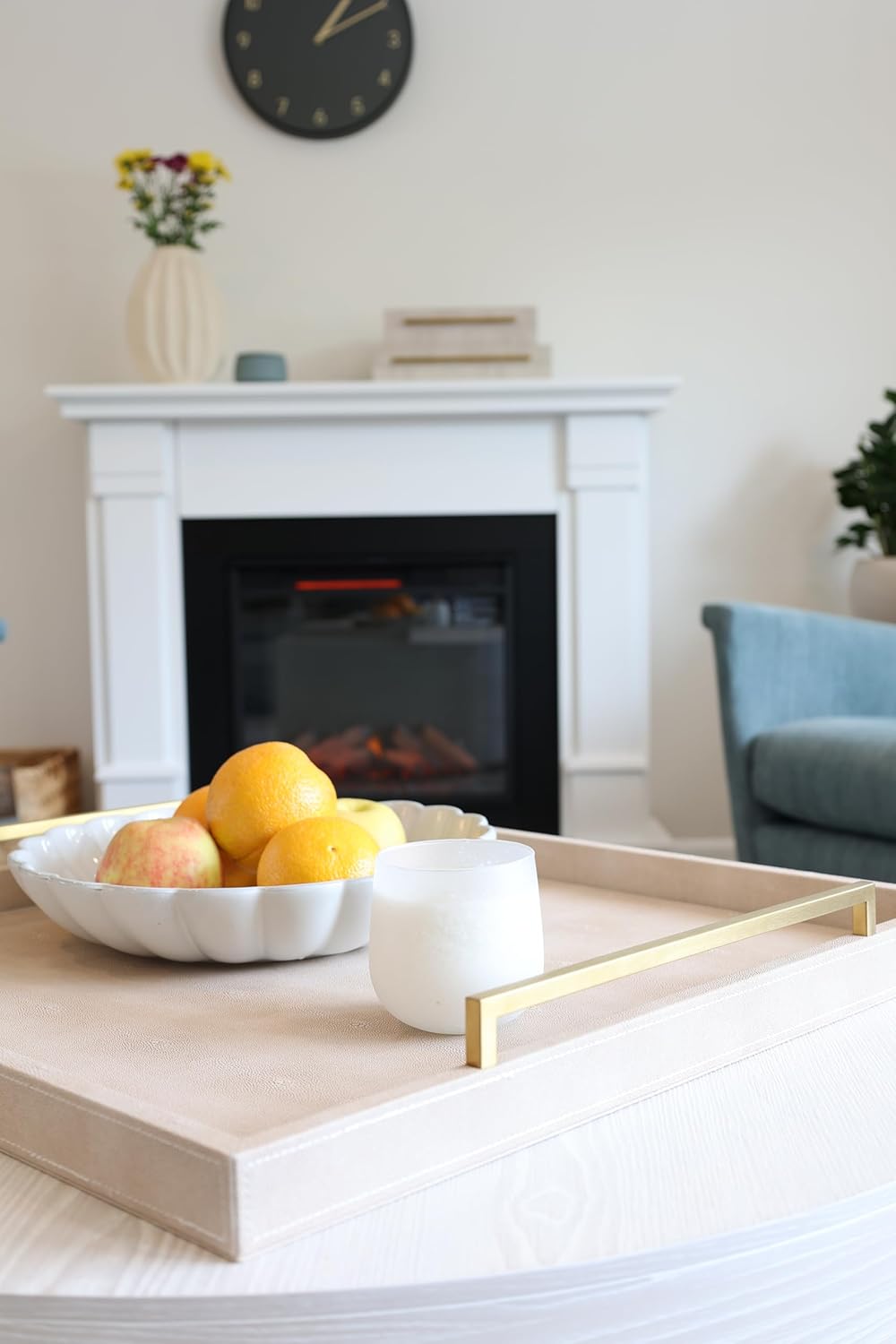 24"x24" Oversized Square Ottoman Tray for Living Room, Extra Large Ivory Shagreen Leather Decorative Tray for Coffee Table,Wooden Serving Trays for Dinner Party (Ivory -Gold Handle, 24")