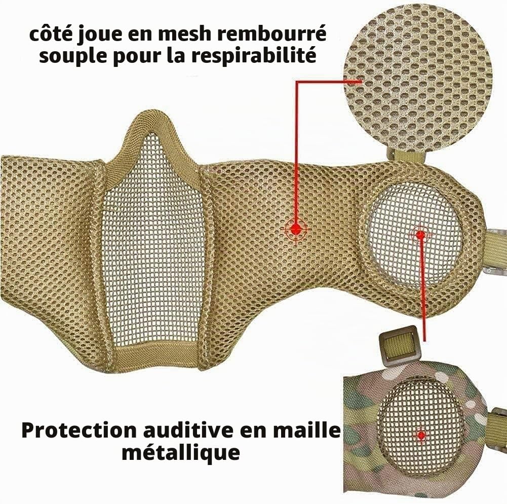 Casque Fast Tactique MH Combiné, avec Protection des Oreilles Pliable, Demi-Masque et Lunettes de Protection pour l'ensemble de Jeu Airsoft Paintball CS