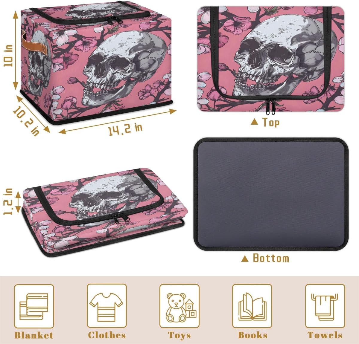 Pinks Skull Storage Bins, 2 Pack Foldable Clothes Flower Floral Cherry Blossom Organizer Bags Fabric Storage Containers with Handles Closet Storage for Clothing, Bed Sheets