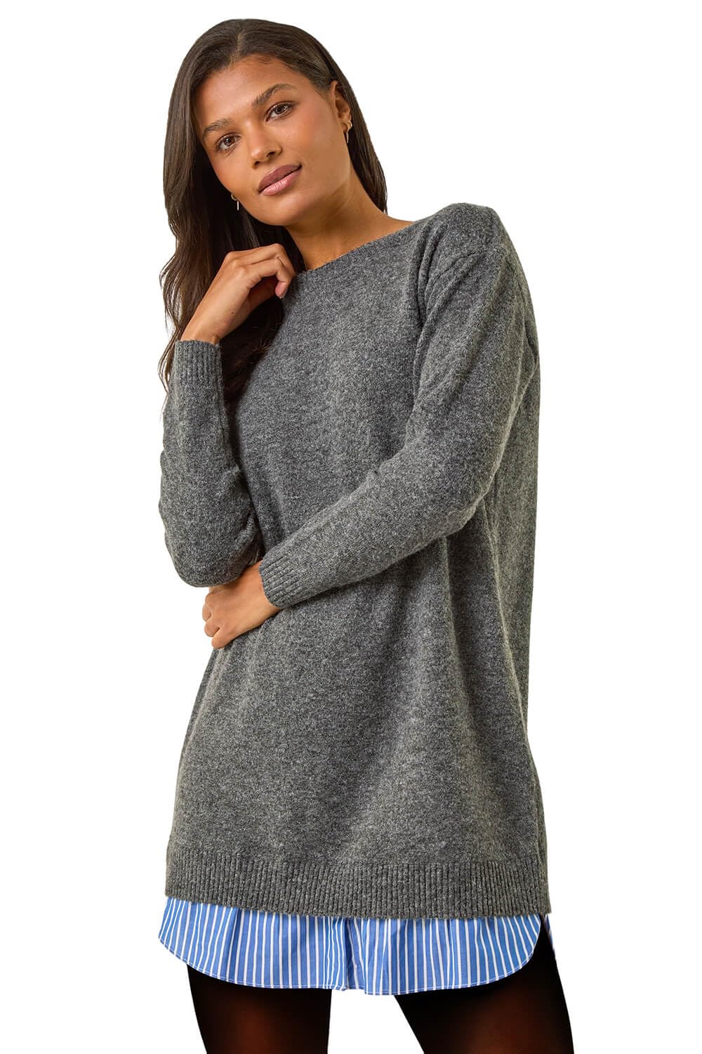 Roman Originals Women's Grey Mock Shirt Knitted Dress For Uk - Everyday Autumn Winter Round Neckline Comfy Soft Evening Vacation Work Party Night Out - Size 14