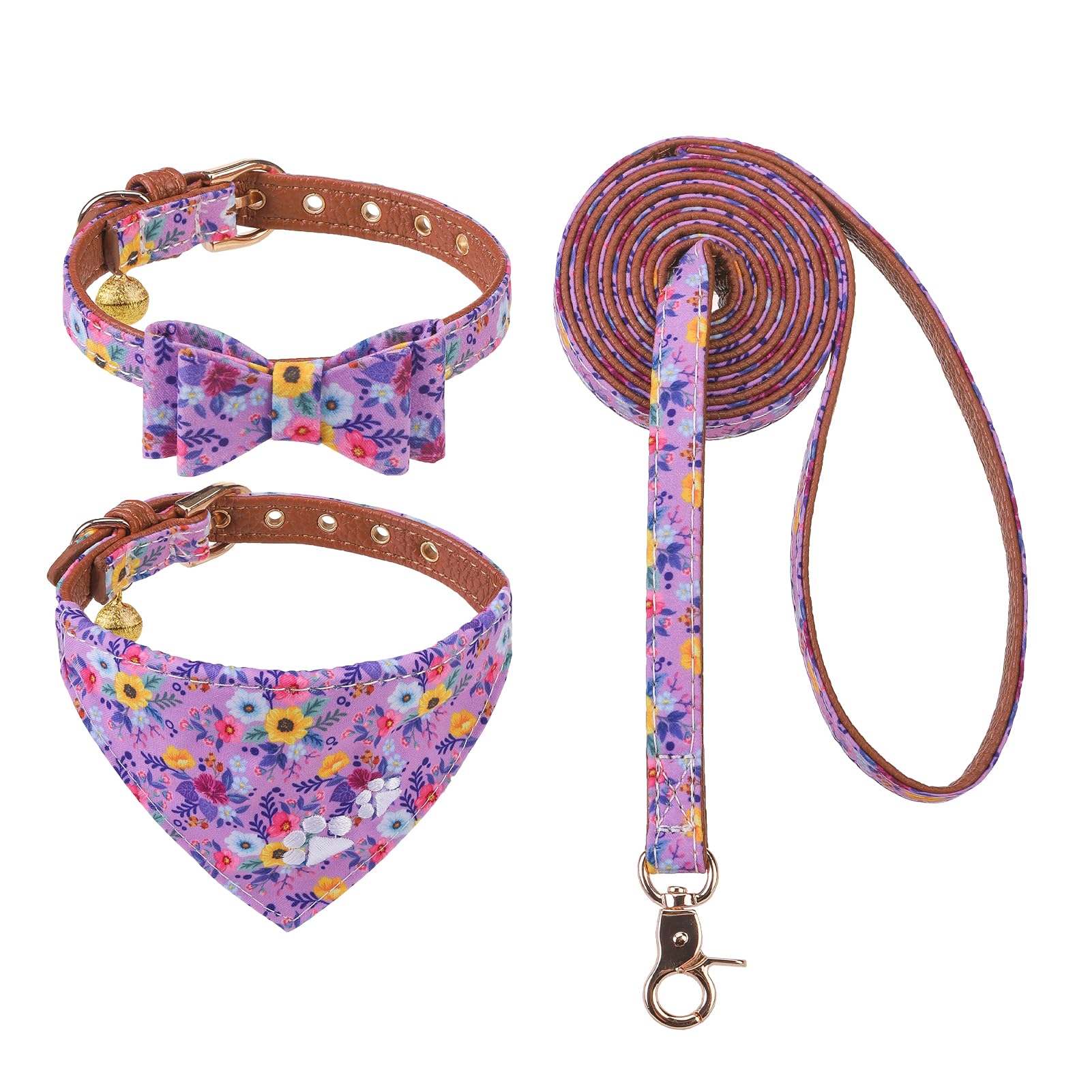 EXPAWLORER Puppy Collar and Leash Set - Embroidery Floral With Cute Flower Bow Tie, Bandana and Bell for Dogs Cats Outdoor Walking, Purple S โ image 1