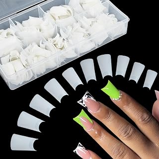 NICENEEDED 500 PCS Long Duck Clear Nail Tips, 10 Sizes Duck Feet Fan Flare Tip, Curved French Fake Nail Extension with Box