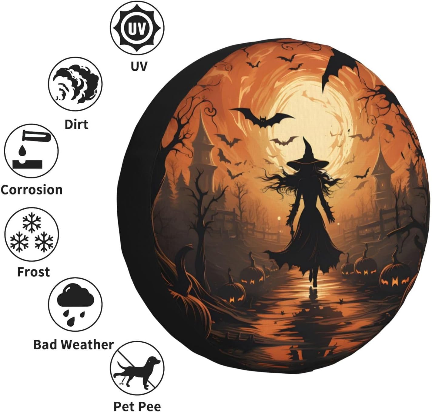 Halloween Witch Spare Tire Cover Waterproof Dust-Proof Uv Sun Wheel Protectors Tire Cover Fit for Jeep，SUV, Rv, Travel Trailer, Truck17 Inch