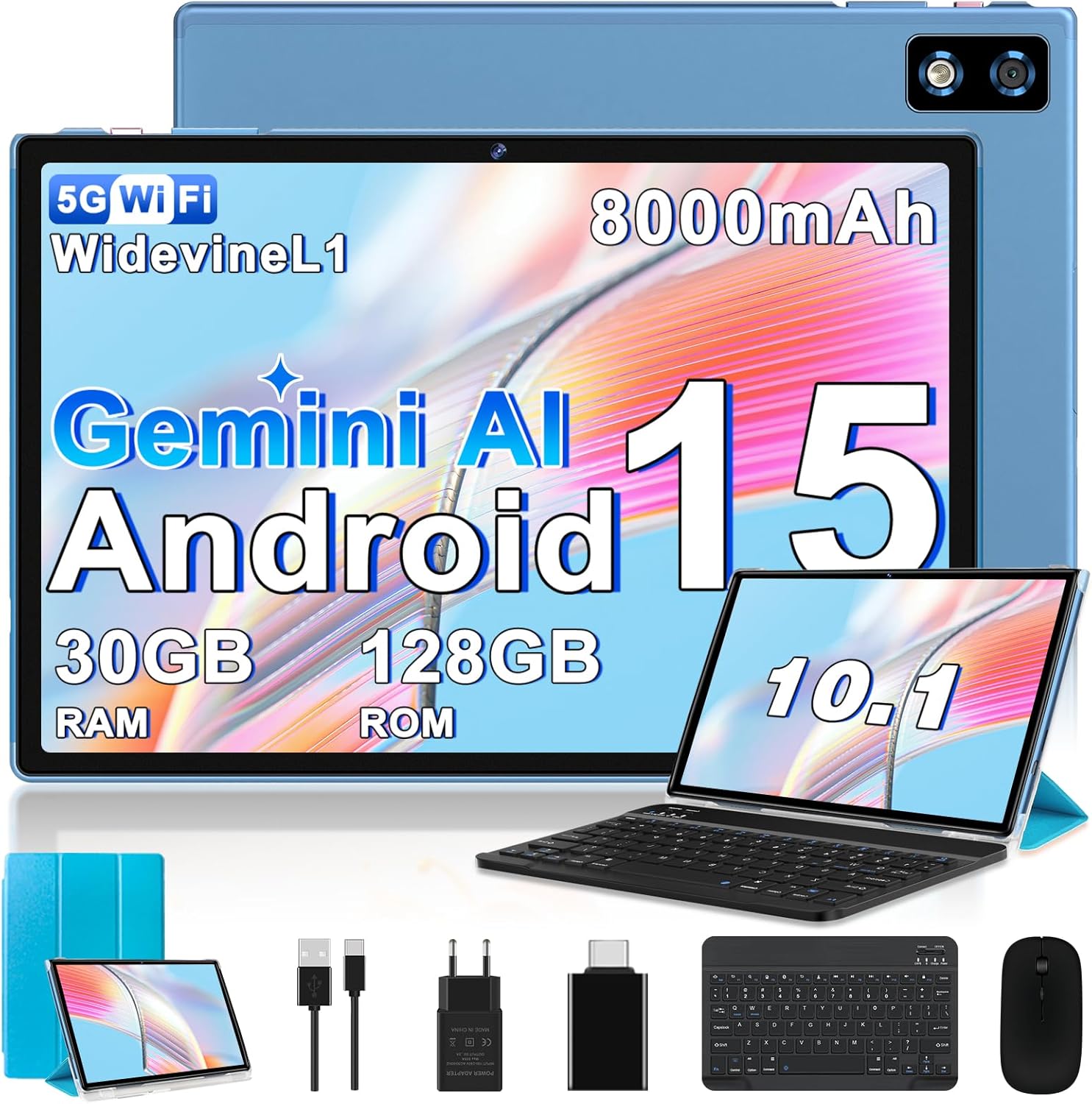 2026 Dernière Tablette 10 Pouces Android 15, 30Go RAM + 128Go ROM(TF 2To), Avec 5G WiFi Octa-Core 2.0GHz, 8000mAh, GPS, Gemini AI tablette, Widevine L1, Tablette Tactile avec Clavier+Souris(Bleu ) - Amazon product rated Grade A