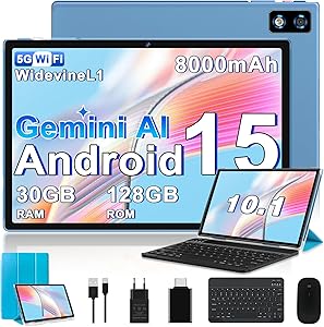 Tablette Tactile 10 Pouces Android 15 Gemini AI | 30Go RAM + 128Go ROM (Extensible 2To) | Octa-Core 2,0GHz, 8000mAh, GMS & Widevine L1 | WiFi 5G , BT 5.0, GPS, OTG | Clavier + Souris + Étui – Bleu