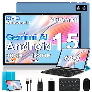 2026 Dernière Tablette 10 Pouces Android 15, 30Go RAM + 128Go ROM(TF 2To), Avec 5G WiFi Octa-Core 2.0GHz, 8000mAh, GPS, Gemini AI tablette, Widevine L1, Tablette Tactile avec Clavier+Souris(Bleu ) - Amazon product rated Grade A