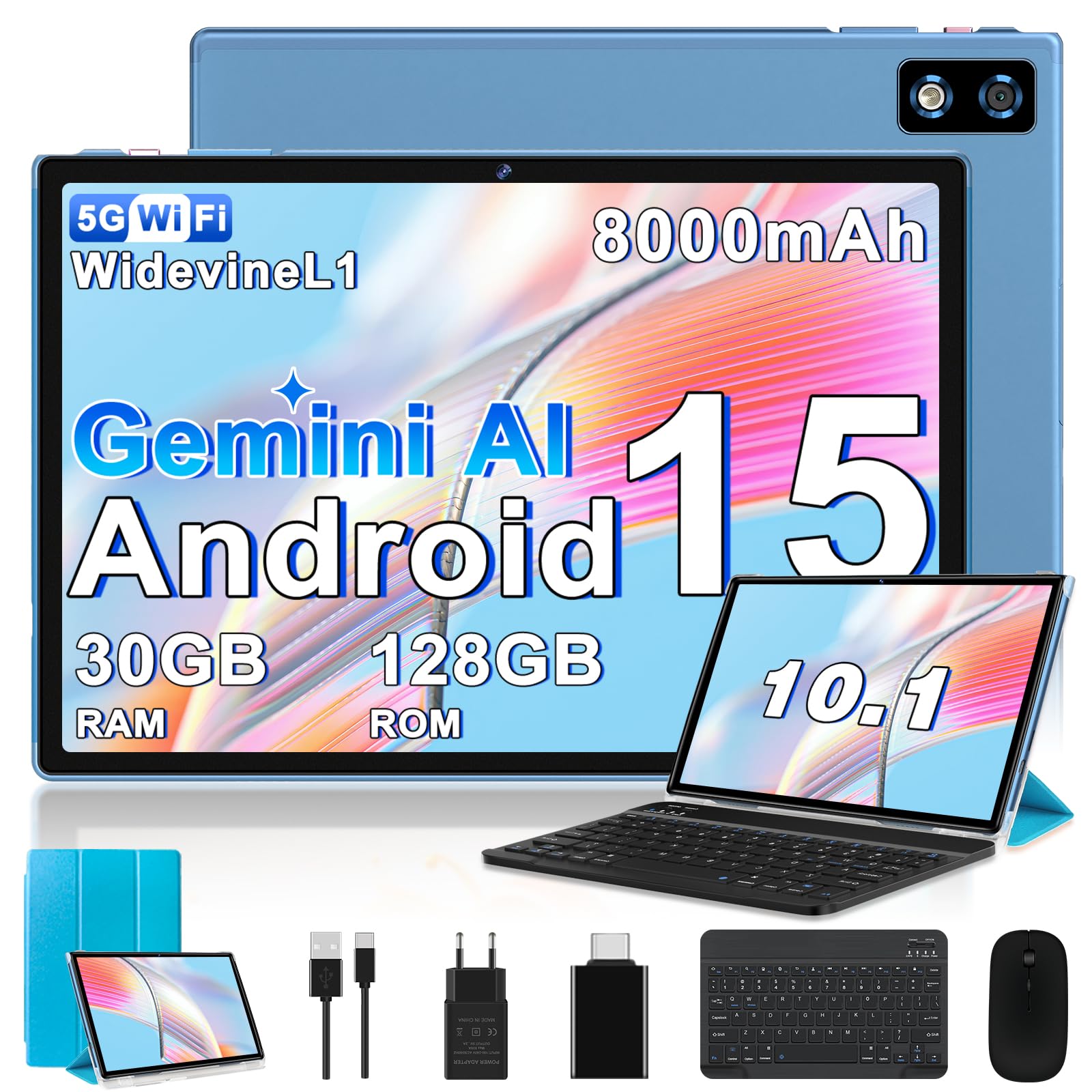2026 ultimo Tablet 10 Pollici Android 15 Con 5G WiFi Octa-Core 2.0GHz, Gemini AI tablet, 30GB RAM+128GB ROM, 8000mAh, GPS, BT5, OTG, Widevine L1 - tablet in offerta con Tastiera, Mouse, Custodia - blu