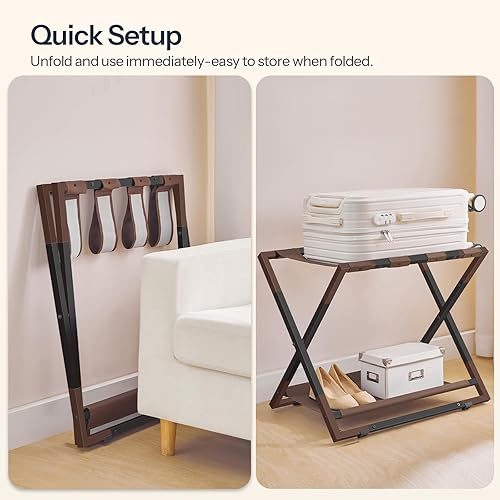 Miniatura 8 de HOOBRO Portaequipajes para habitación de invitados, juego de 2, soporte plegable para maleta con estante de almacenamiento y marco de metal, soporte