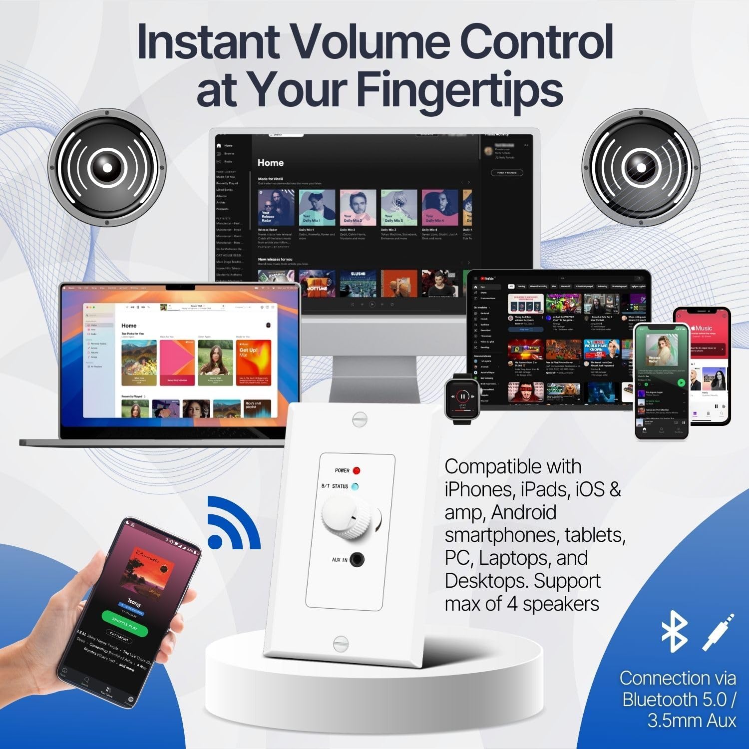 TNP Wireless Bluetooth Audio Receiver Wall Plate Mount, 120W BT 5.0 aptX Music Streaming Adapter - Speakers Stereo Amplifier Audio Volume Control, 3.5mm AUX Input for Sound Speaker Systems