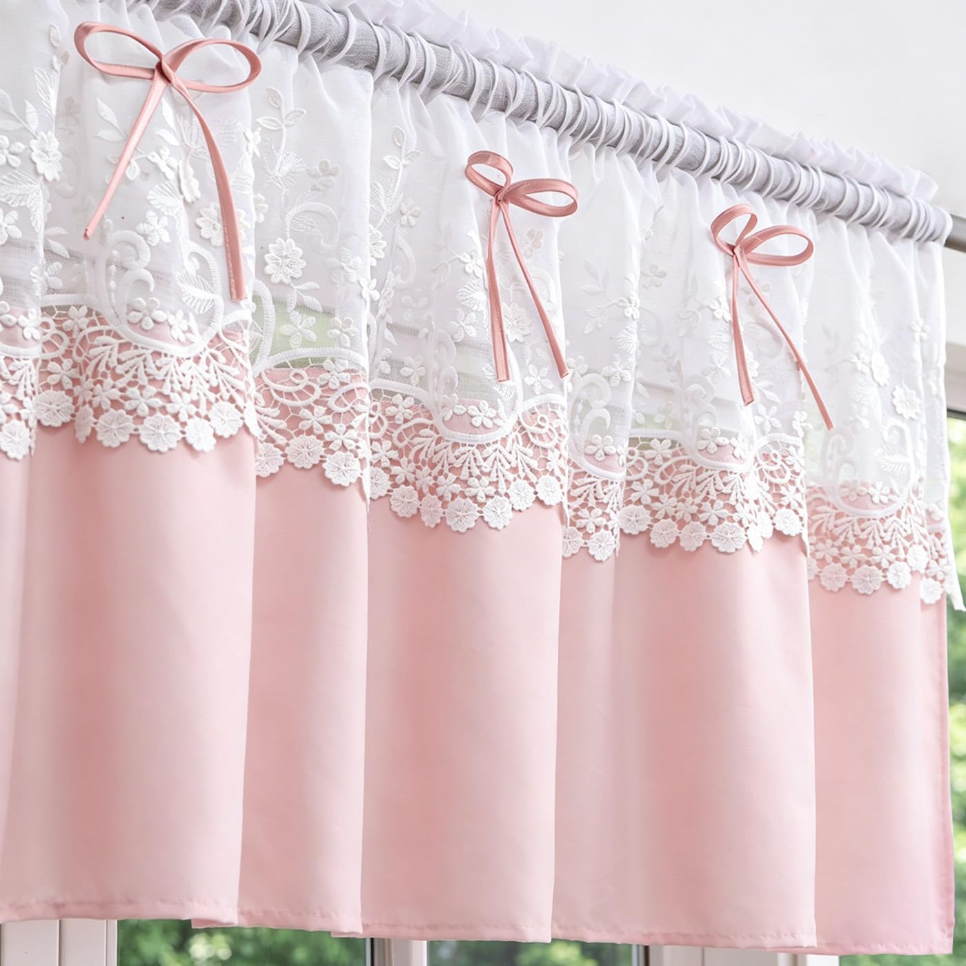 Pink Valance Lace Curtain for Small Window Cottage with Bow Decor 52Wx18L