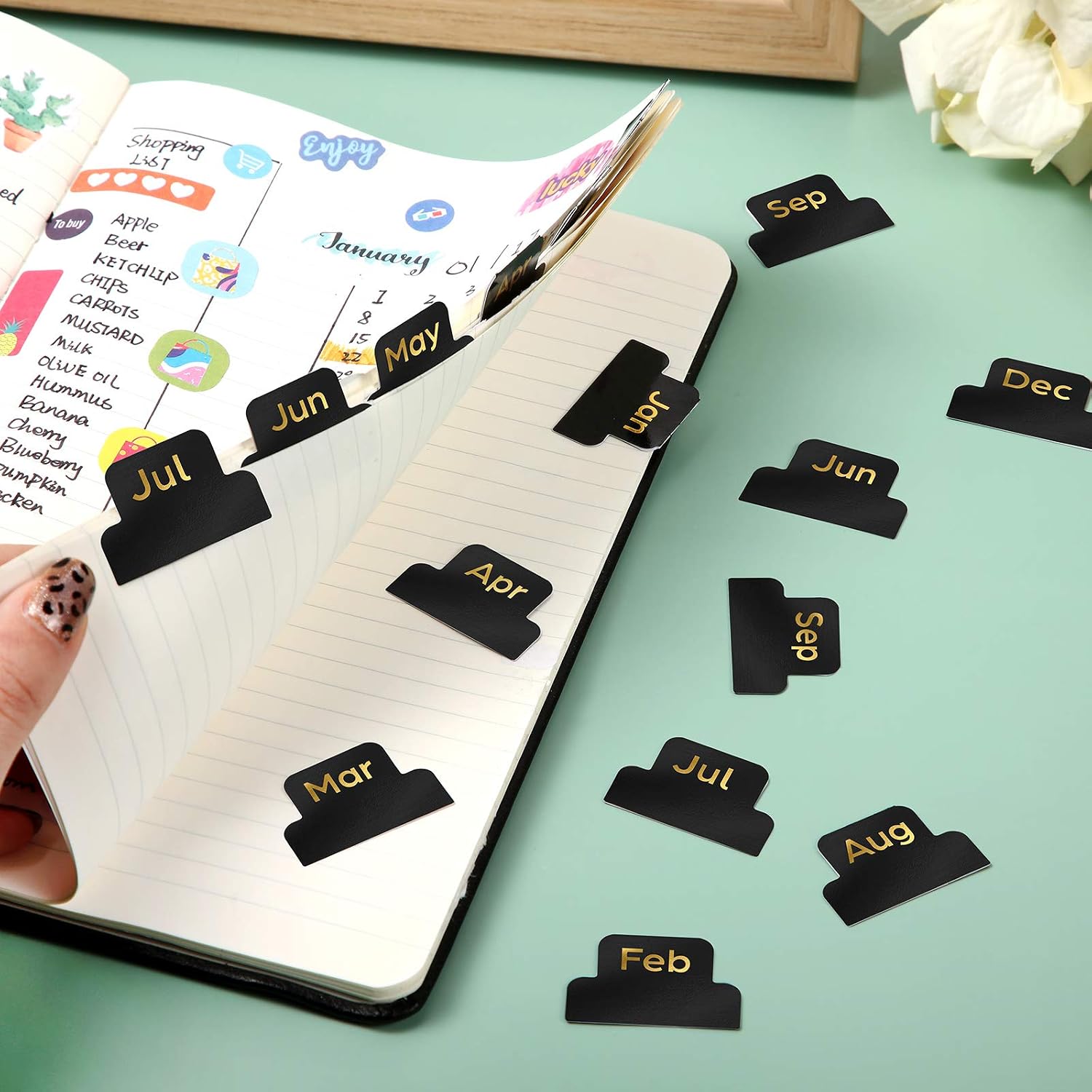 48 Pieces Adhesive Tabs Designer Accessories Monthly Tabs Planner Stickers Decorative Monthly Index Tab for Office Study Planners Organizations (Black) image 5