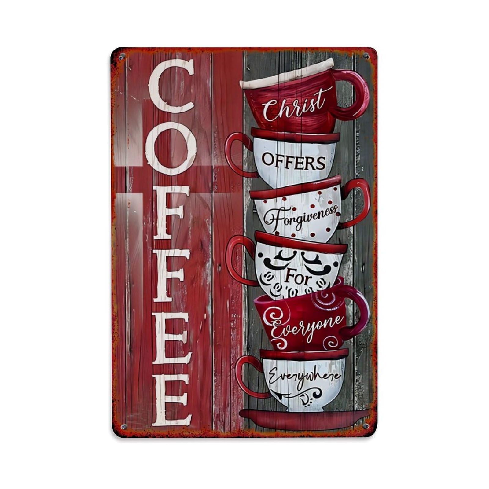 Jdfenggu Vintage Coffee Christ Offers Forgiveness For Everyone Everywhere Retro Metal Tin Sign, Decor Art Poster For Bar, Home, Man Cave, Kitchen, Laundry Room Gift 8X12inch
