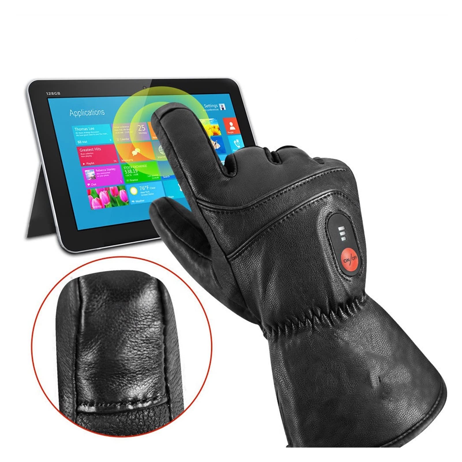 Guanti Guanti riscaldati in Pelle Completa Touch Screen Bike Elettrico Guanti Riscaldamento da Cinque Dita Guanti da Ski Riscaldamento Elettrico (Color : Schwarz, Size : 3XL)