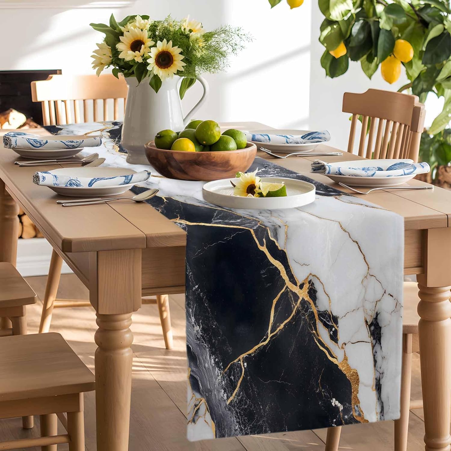 Table Runner-120 Inches Long Black White Gold Ombre Marble Tablerunners Decorative Dresser Scarves Modern Minimalist Pattern Tabletop Scarf for Indoor Outdoor Wedding Holiday Party